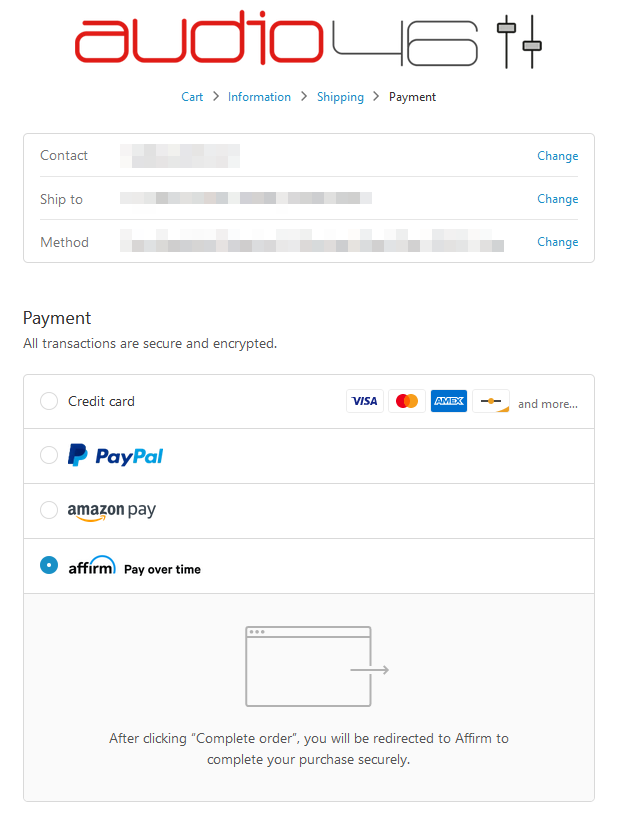 Image of Checkout page, where after choosing Affirm in the Payments section it says “After clicking 'Complete order', you will be redirected to Affirm to complete your purchase securely.”