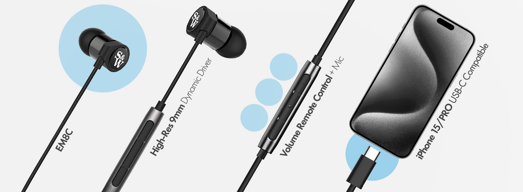 Strauss & Wagner EM8C Earbuds with USB-C Connection Compatibility Diagram