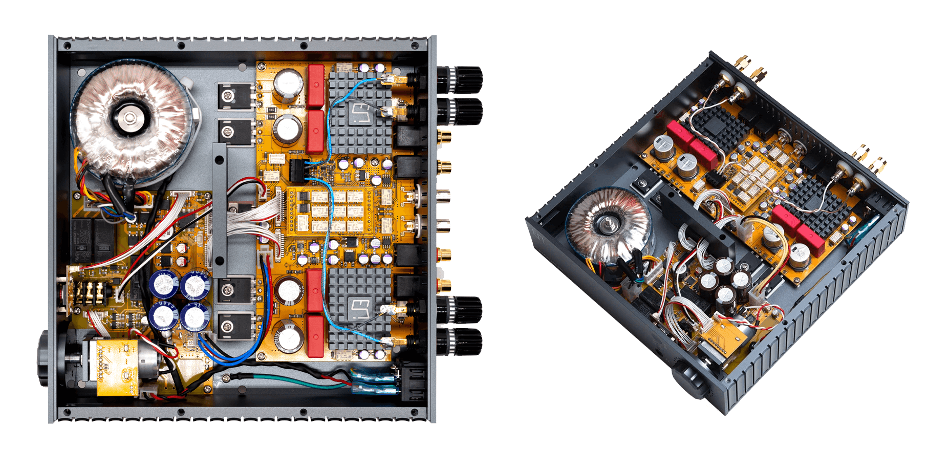 Internal view of the Enleum AMP-23R technology highlights including the JET2Bias and MPU control.