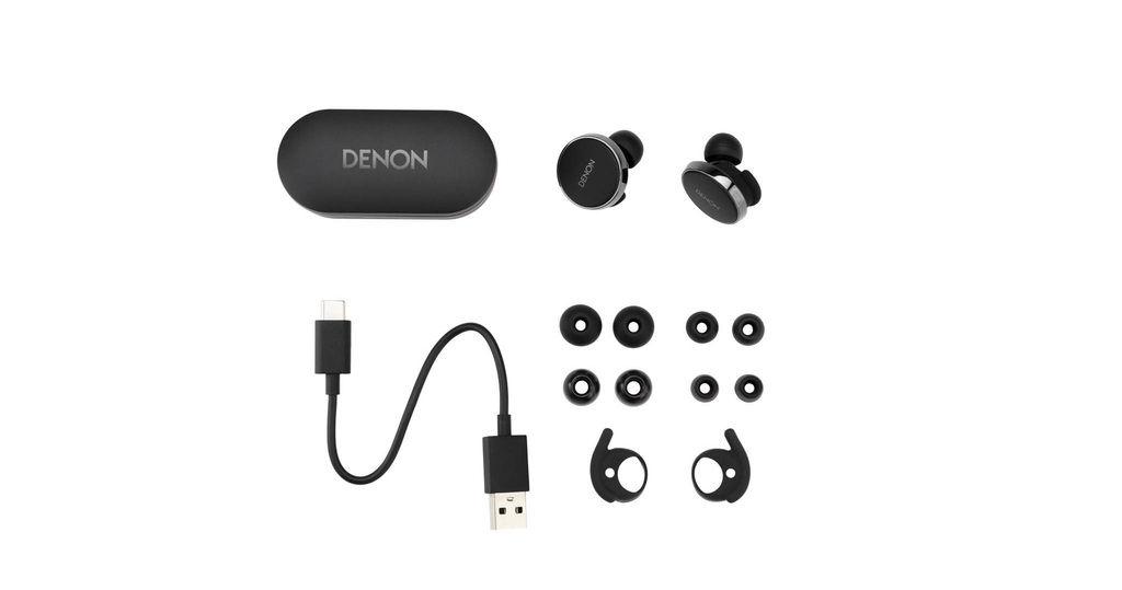 Denon PerL Pro True Wireless Active Noise Cancelling Earbuds In The Box