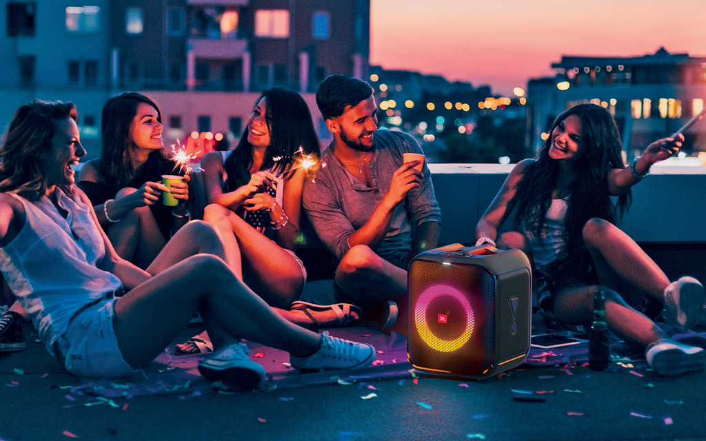 JBL Partybox Encore Essential Portable Bluetooth Speaker with Party on Rooftop