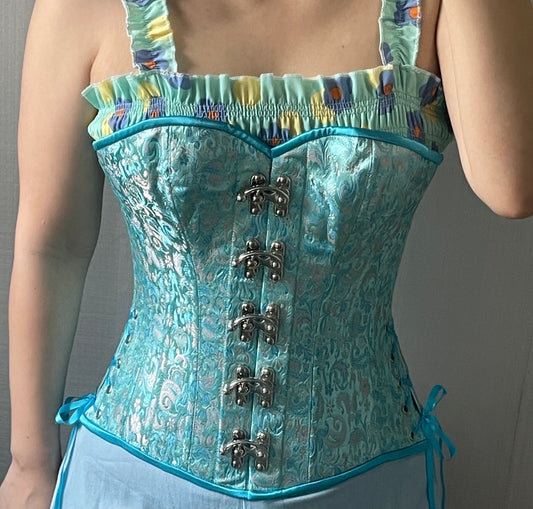 Teal and Mauve Brocade Overbust Corset, Hourglass Silhouette