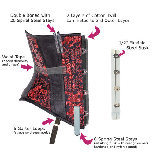 Black Lined Brocade Mini Cincher corset - Waist Trainer Short