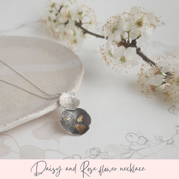 Daisy and rose silver necklace