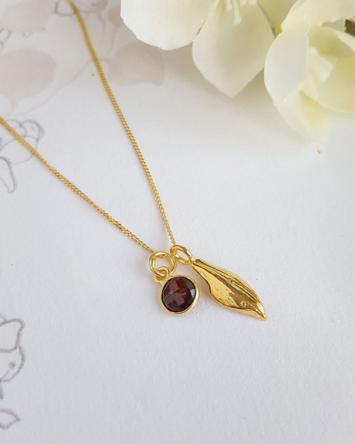 January Birth Flower of the Month Birth Stone Necklace - Snowdrop & Garnet