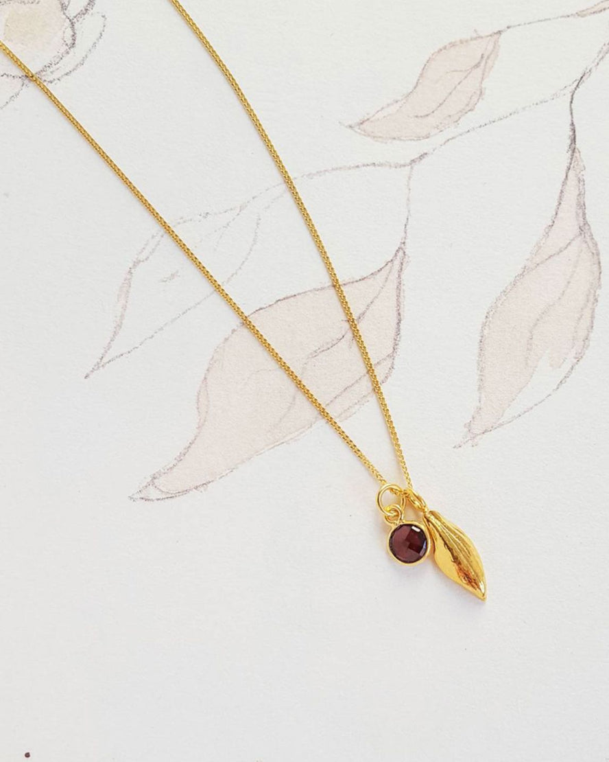 January Birth Flower of the Month Birth Stone Necklace - Snowdrop & Garnet