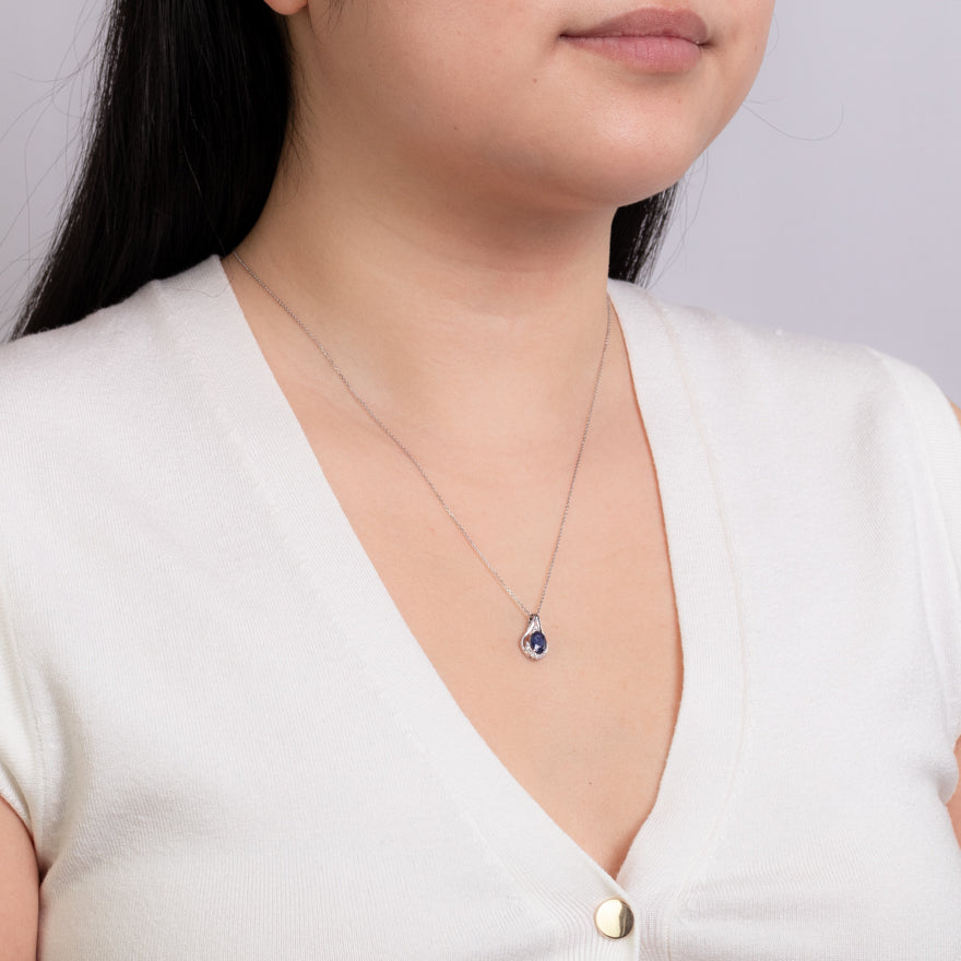 Oval Sapphire and Diamond Pendant Necklace in 10K White Gold