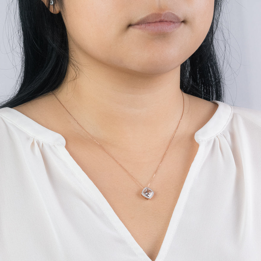 Morganite Diamond Halo Necklace in 14K Rose Gold