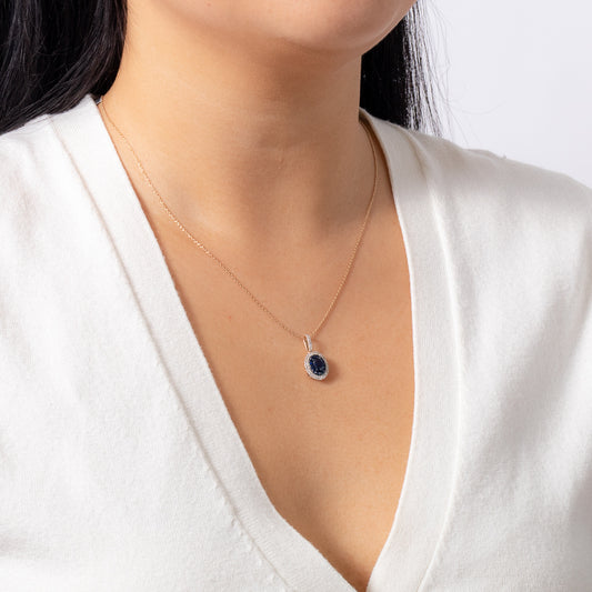 Double Halo Sapphire and Diamond Pendant Necklace in 10K Yellow Gold