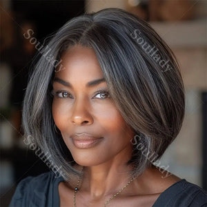 Glueless Ready-To-Go Salt And Pepper Wig - Straight Bob Real Human Hair Wig, 4x4 Lace Closure Wig for Women - SWEET T 52