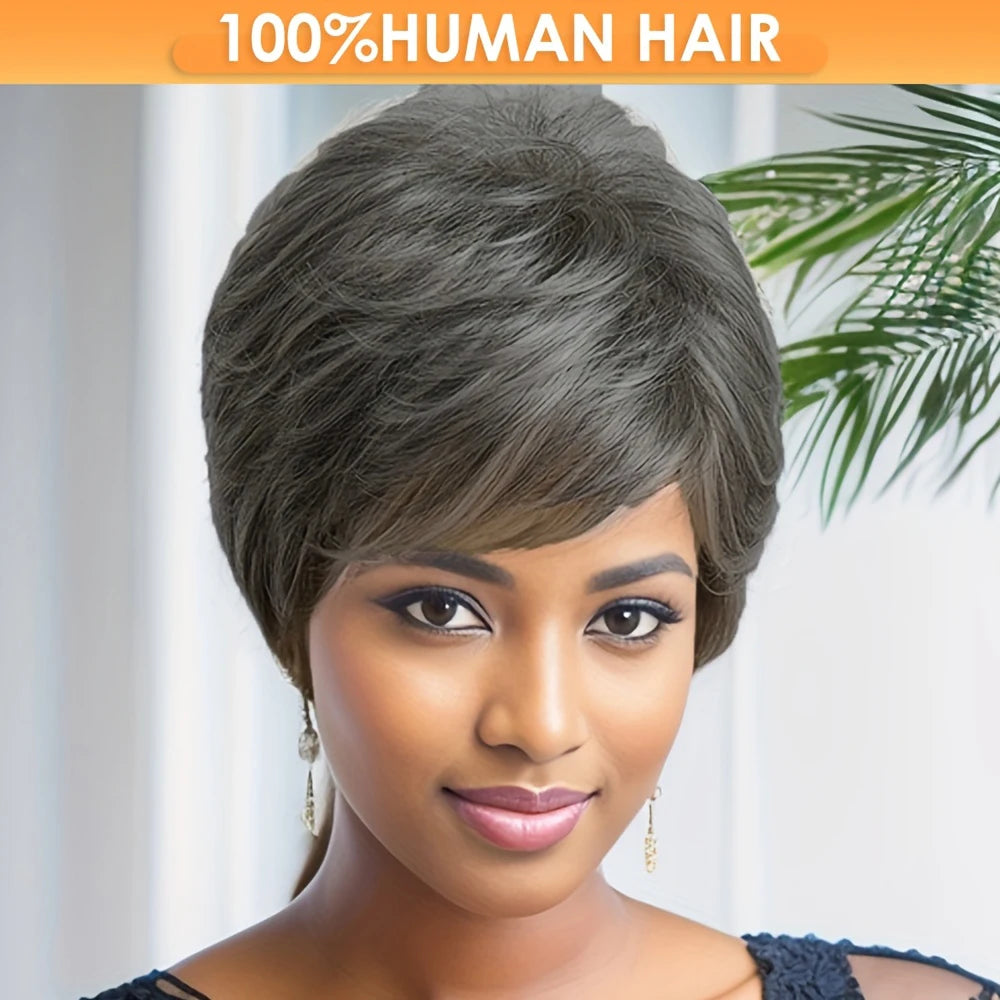Grey Color Human Hair Wigs - Short Straight Layered Hair Wigs for Women, Machine Made Wigs for Daily Use