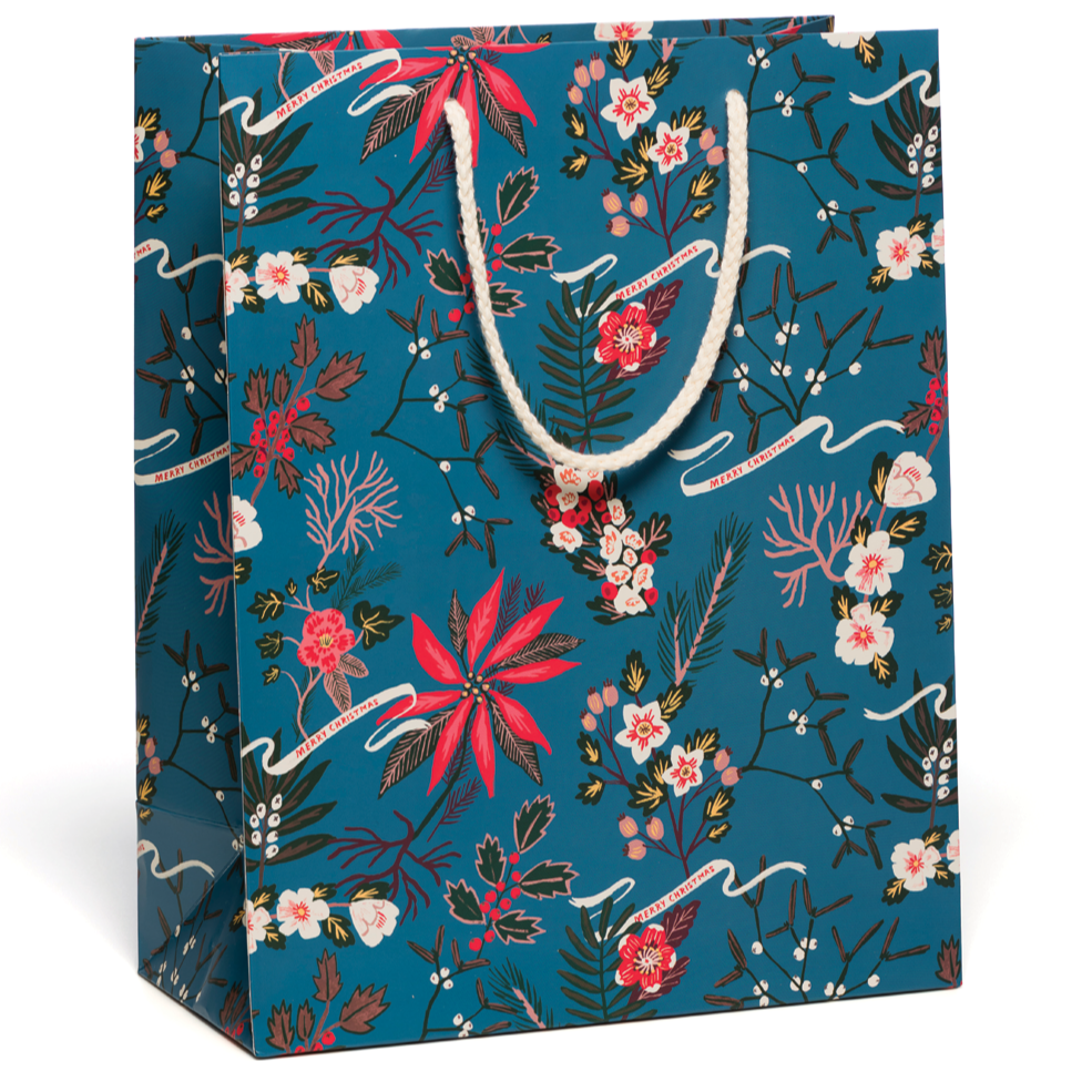 Blue Poinsettia Holiday Gift Bag