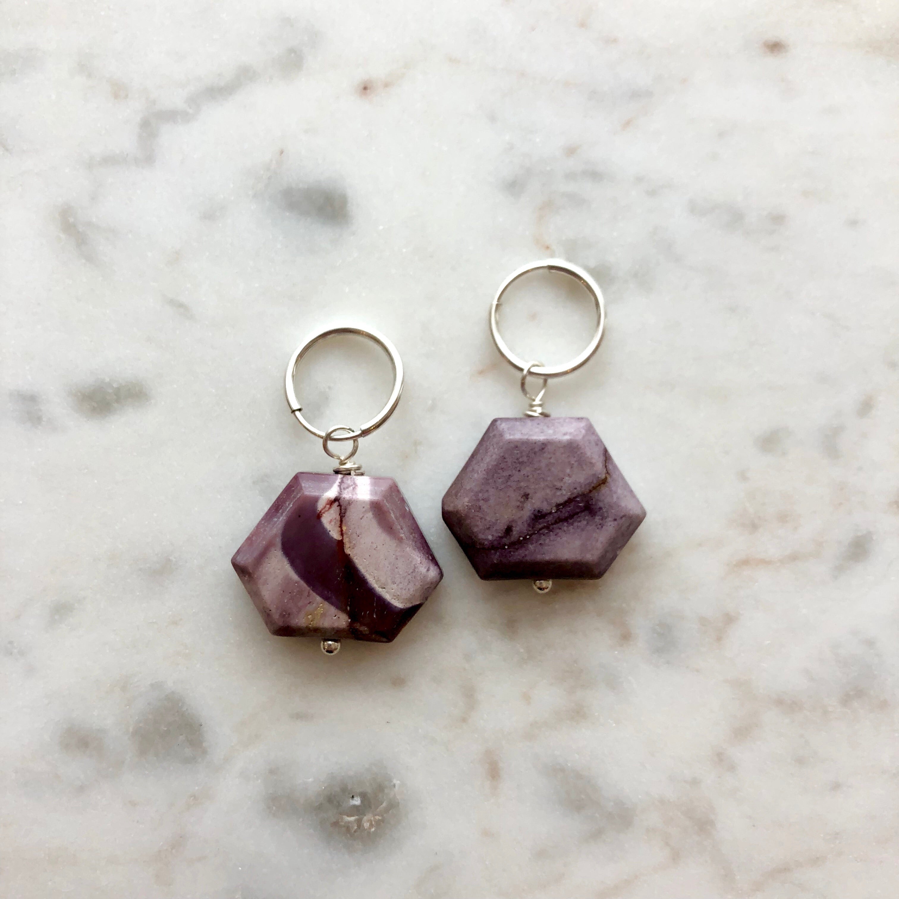 Mottled Plum Moukaite Hexagon and Sterling Silver Hoop Earrings