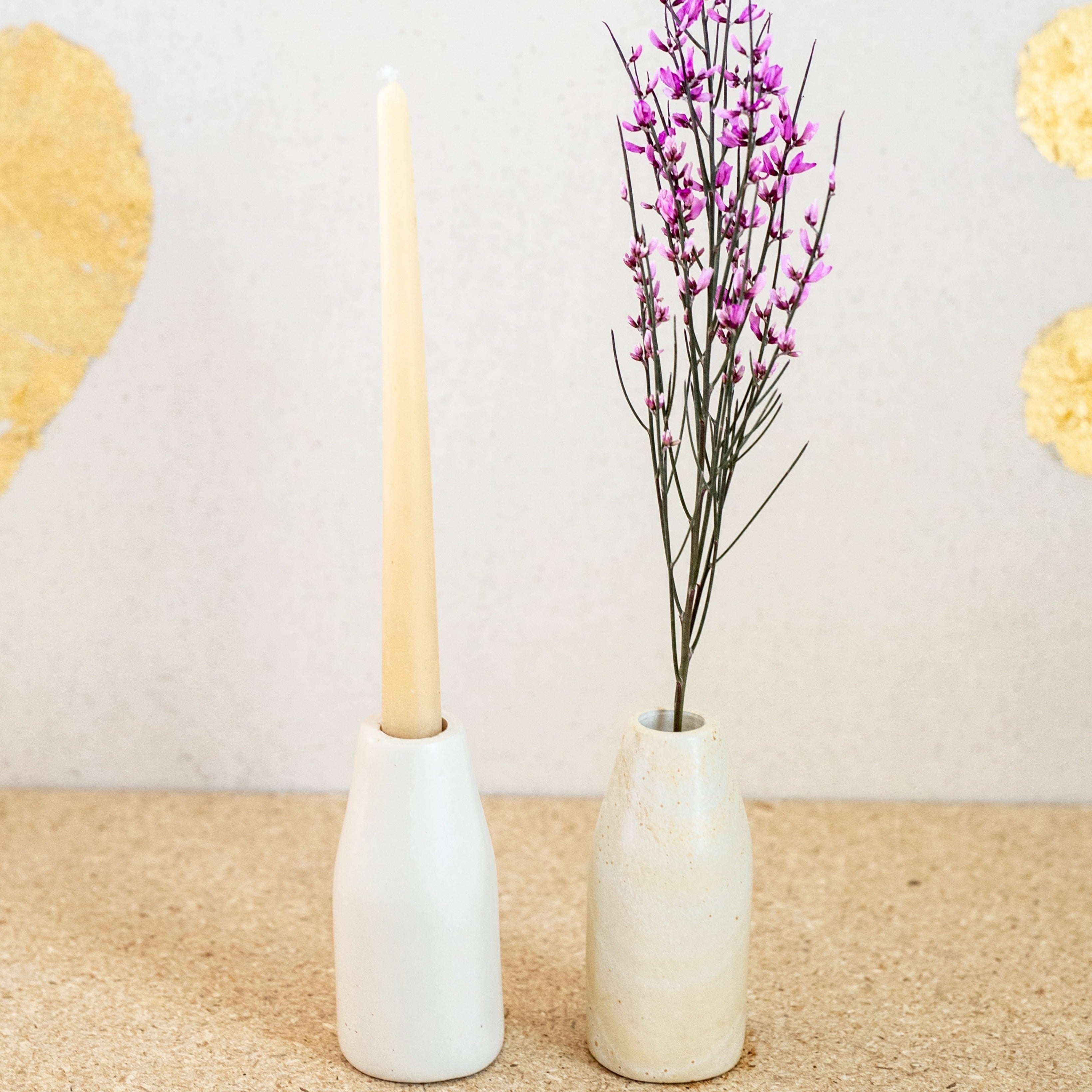 Hand Carved Soapstone Vase and Taper Candle Holder in Natural