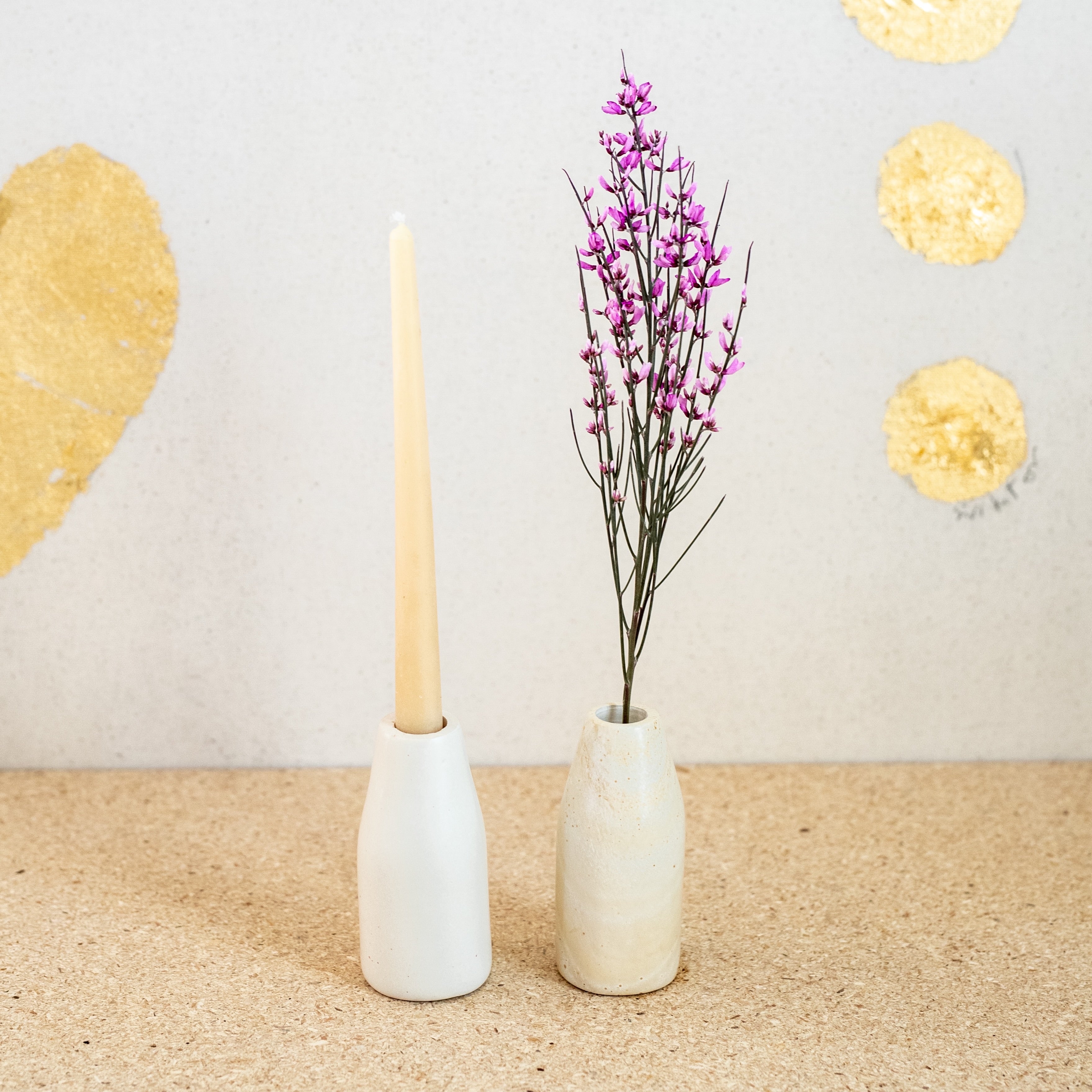 Hand Carved Soapstone Vase and Taper Candle Holder in Natural