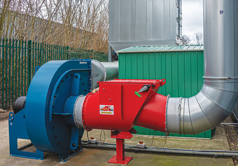 30kW main fan draws dust-laden air from the high-speed machinery, through the Nordfab QF ductwork system, via the non-return explosion isolation valve, and into the filter unit.