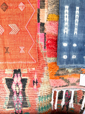 vintage moroccan rugs and a Malian indogo shibori cloth