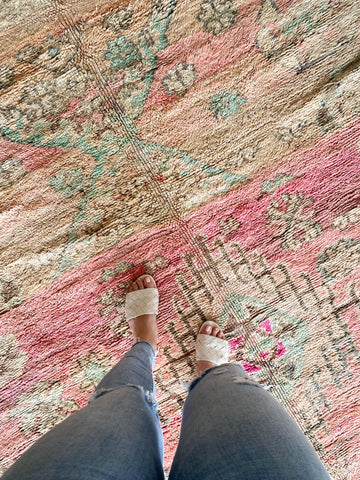 vintage pink and green Moroccan boujad rug