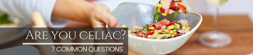 A image with the phrase 'Are you celiac?' in the top left corner, a banner with '7 common questions' just below, and a person holding a bowl of vegetables in the background