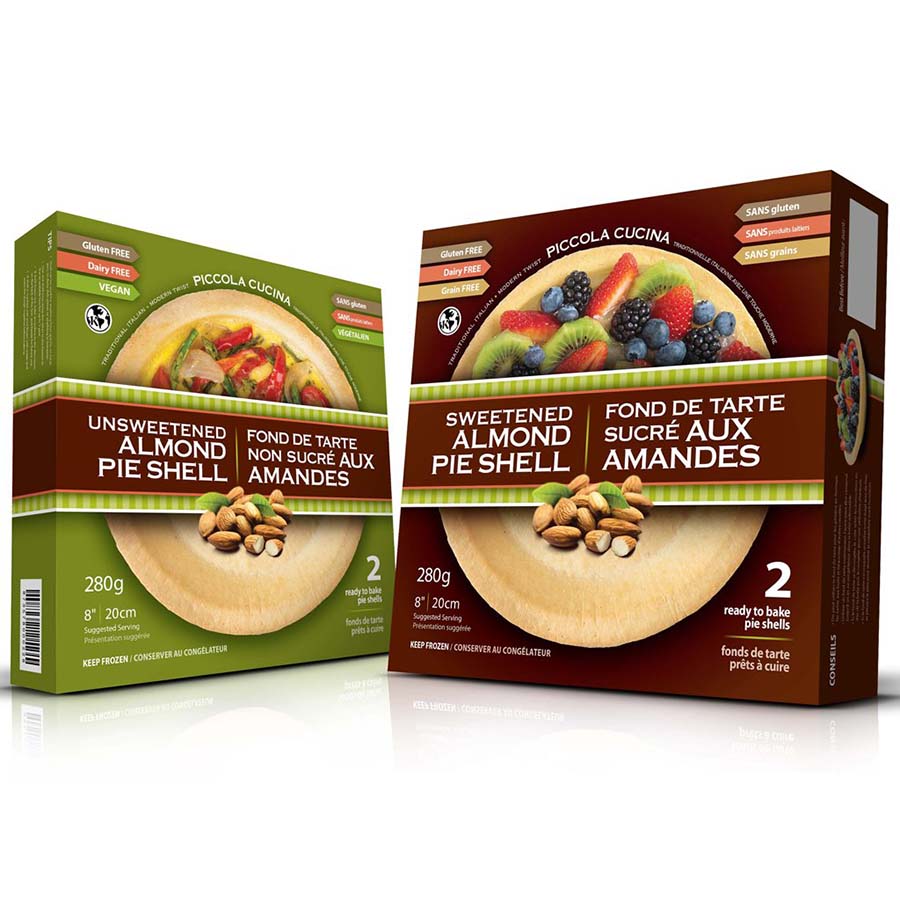Gluten free almond flour pie crust shells variety pack includes a vegan keto unsweetened almond crust and lightly sweetened almond pie shell manufactured by Piccola Cucina Inc in Winnipeg Manitoba