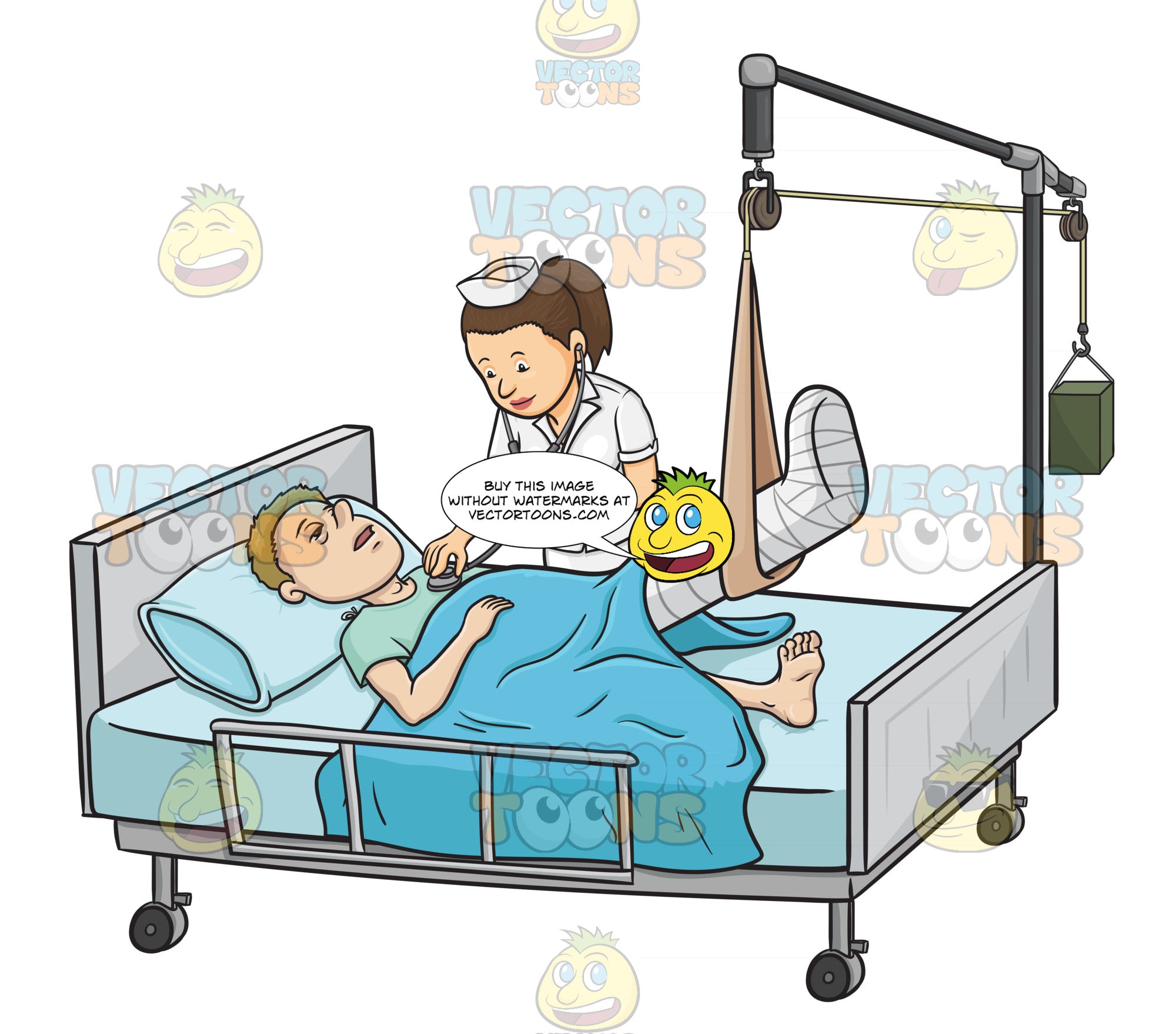 Sick Male Patient Laying In In A Hospital Bed While A Nurse Checks His Clipart Cartoons By 8235