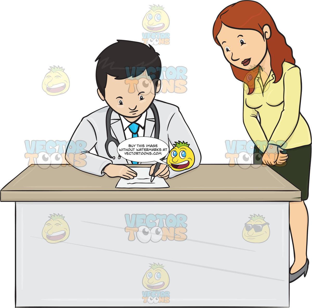 Doctor Is Sitting At A Desk Writing On Paper While A Woman Is Standing