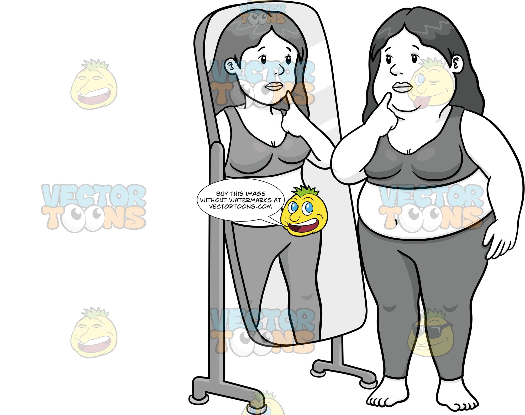 Overweight Woman Standing In Front Of A Mirror And Her Reflection Is T Clipart Cartoons By Vectortoons