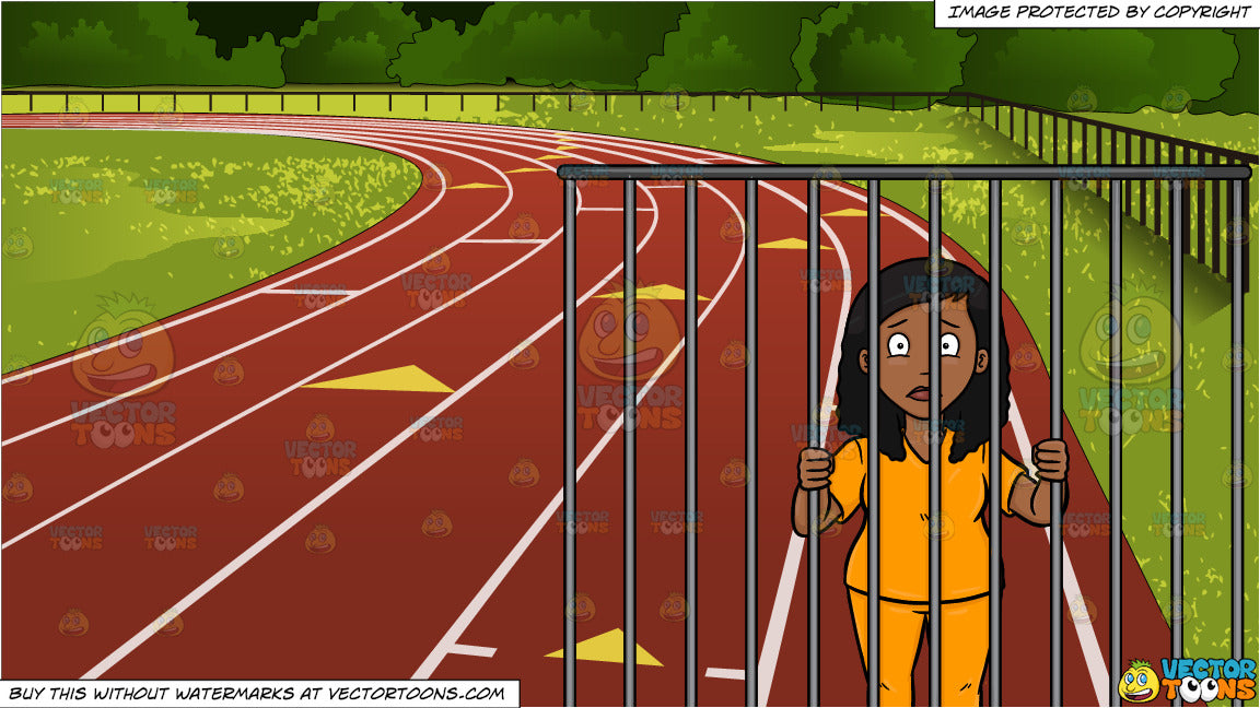 A Black Woman Behind Bars and Outdoor Running Track Background