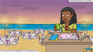 A Black Woman Creating A Scrapbook And A Beach Wedding Reception