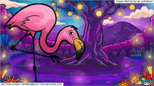 A Bright Pink Flamingo And A Mystical Enchanted Forest Background