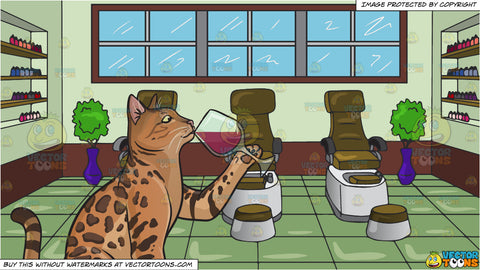 A Cat Drinking Wine And Pedicure Chairs At A Spa Background