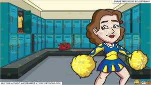 A Cheerleader With Yellow Pompoms And A Locker Room At A Gym Background