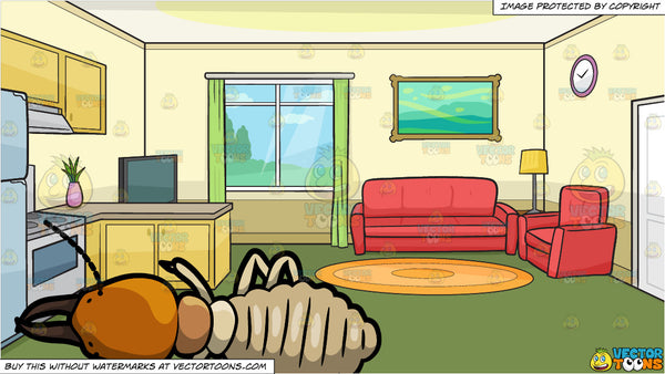 A Creepy Looking Termite And The Kitchen And Living Room Of A Small House Background