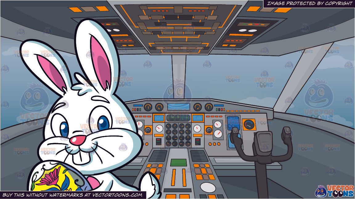 A Cute Looking Easter Bunny With An Egg And Airplane Cockpit Backgroun