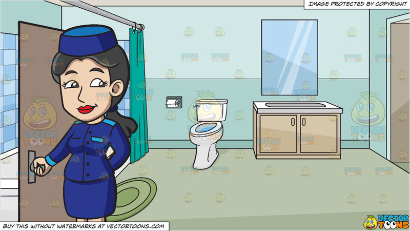 Cartoon A Female Bellhop Holding The Door Open And A House Bathroom Background Clipart Images
