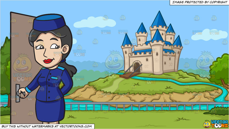 Cartoon A Female Bellhop Holding The Door Open And A Park With Castle Background Clipart Images