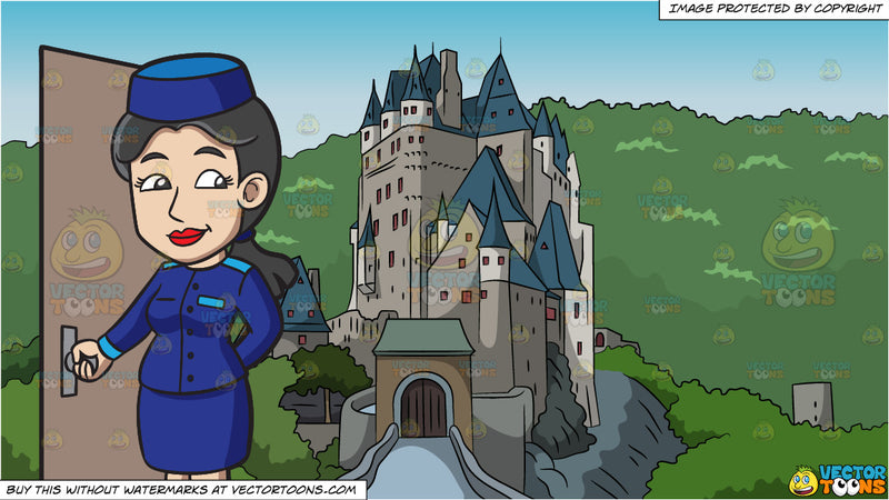 Cartoon A Female Bellhop Holding The Door Open And Castle On A Mountain Background Clipart Images