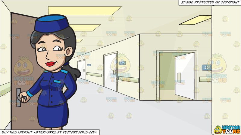 Cartoon A Female Bellhop Holding The Door Open And Long Hallway With Doors Background Clipart Images
