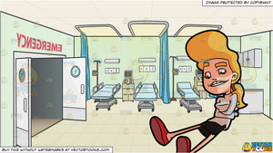 A Female Mental Patient Talking To Her Shoes And Hospital Emergency Room Background