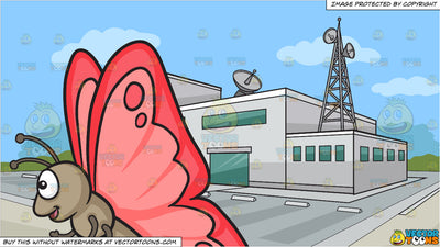 A Happy Butterfly With Red Wings and Outside A Tv Station Background