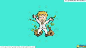 Clipart A Lucky Guy Rejoicing With His Money On A Solid Turquiose 41ead4 Background - 