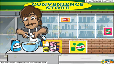 A Male Cook Adding Eggs To Batter and View Of The Downtown Convenience Store