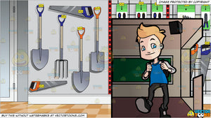 A Male Middle School Student Getting Ready For Class And Aisle Rack Of Clipart Cartoons By Vectortoons