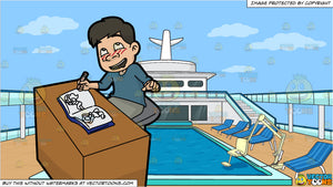 Cruise Ship - A Man Daydreaming About Porn While Coloring An Adult Photo Book and An  Empty Cruise Ship Pool Deck Background