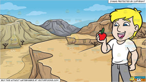 A Man Delighted To Snack On An Apple And A Desert Canyon