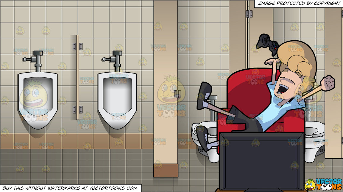A Man Finishing A Video Game And The Interior Of A Men S Public Bathro Clipart Cartoons By Vectortoons