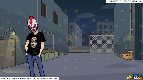 A Man Wearing A Creepy Clown Mask And A Dark Alley At Night Background Clipart Cartoons By Vectortoons