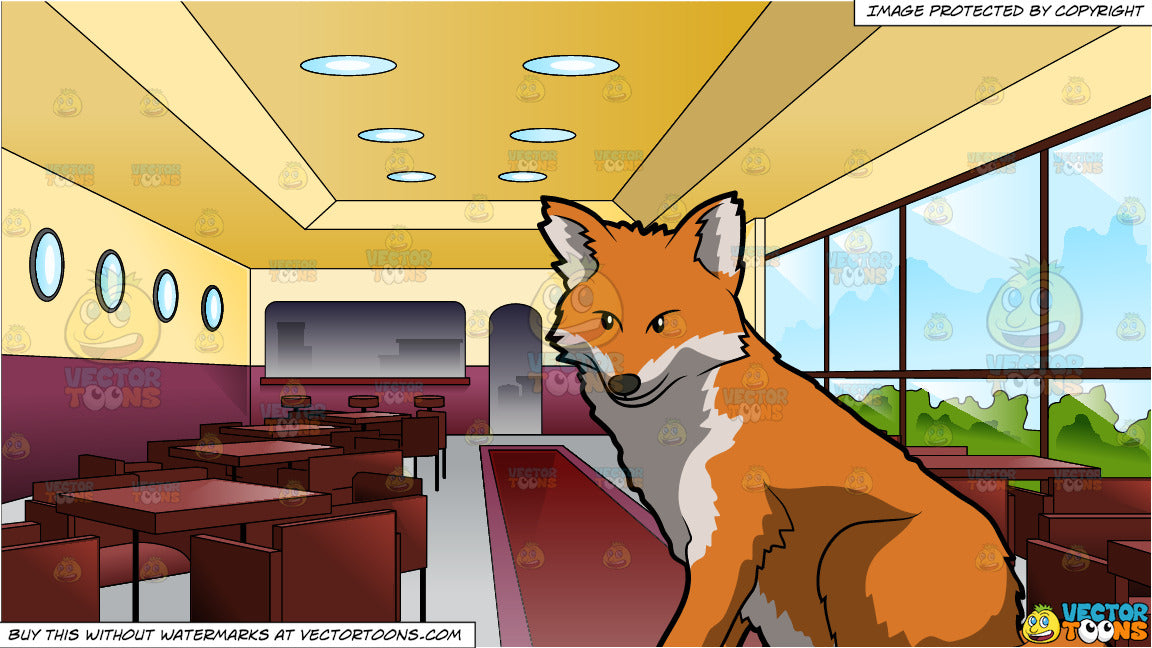 A Multicolored Fox Resting And Sitting On The Floor And Interior Of A Very Posh Restaurant