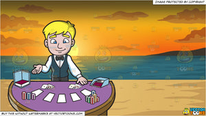 A Nice Male Casino Black Jack Dealer And Beach Sunset Background