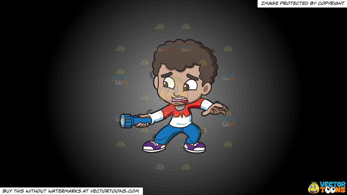 Clipart: A Scared Black Boy Holding A Flashlight In The Dark on a Grey